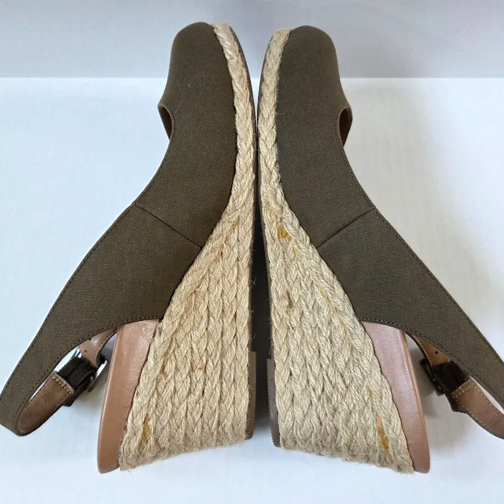 Vionic Coralina Espadrille Wedges Size 9.5 Olive Green Slingback Preppy Sandals